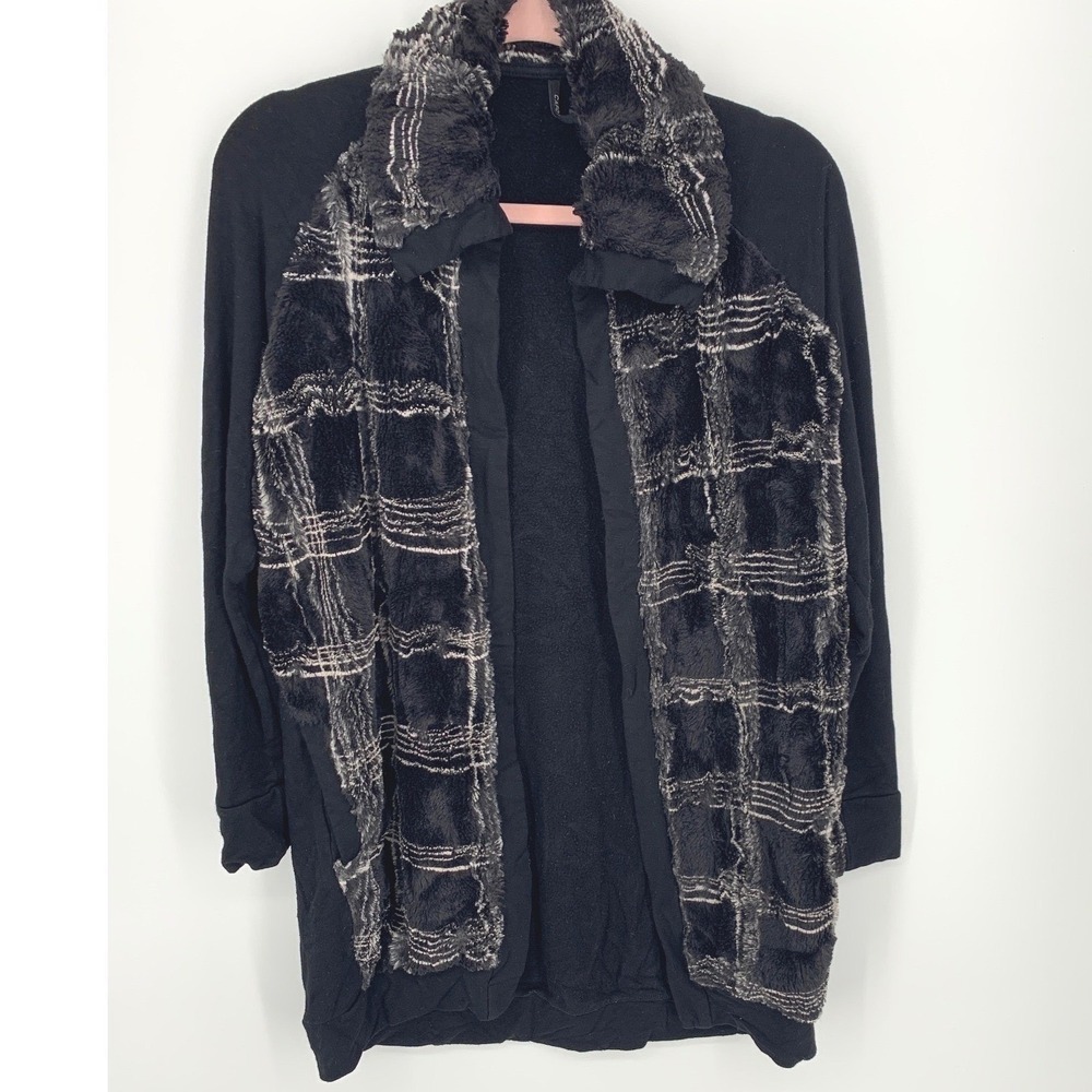 Capote Faux Fur Trim Open Front Cardigan XS Plaid Faux Fur Cozy Layer